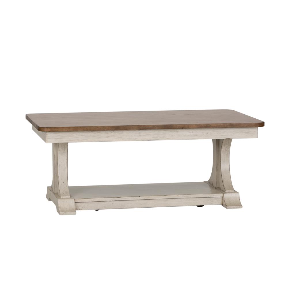 Farmhouse Reimagined Rectangular Cocktail Table in Antique White w/ Chestnut Top. Picture 1