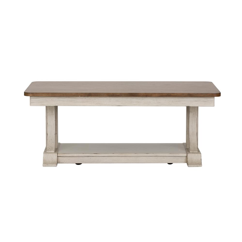 Farmhouse Reimagined Rectangular Cocktail Table in Antique White w/ Chestnut Top. Picture 3