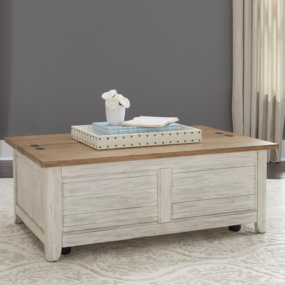 Farmhouse Reimagined Storage Trunk in Antique White w/ Chestnut Top. Picture 2
