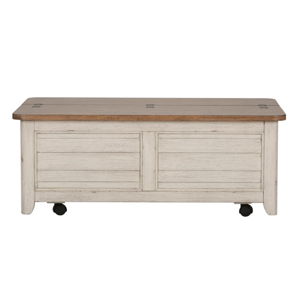 Farmhouse Reimagined Storage Trunk in Antique White w/ Chestnut Top. Picture 3