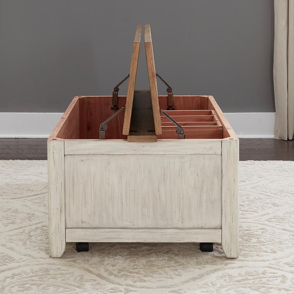 Farmhouse Reimagined Storage Trunk in Antique White w/ Chestnut Top. Picture 6