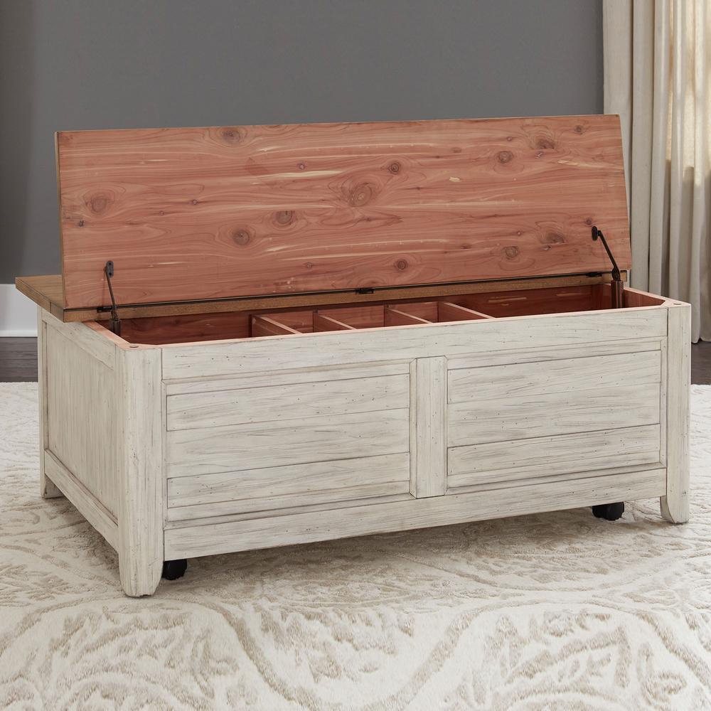 Farmhouse Reimagined Storage Trunk in Antique White w/ Chestnut Top. Picture 7