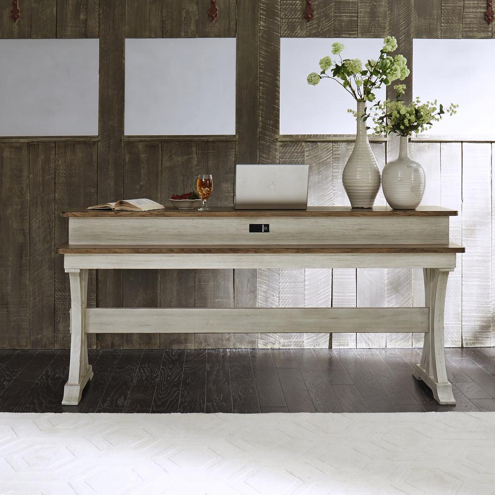 Farmhouse Reimagined Console Bar Table in Antique White w/ Chestnut Top. Picture 2