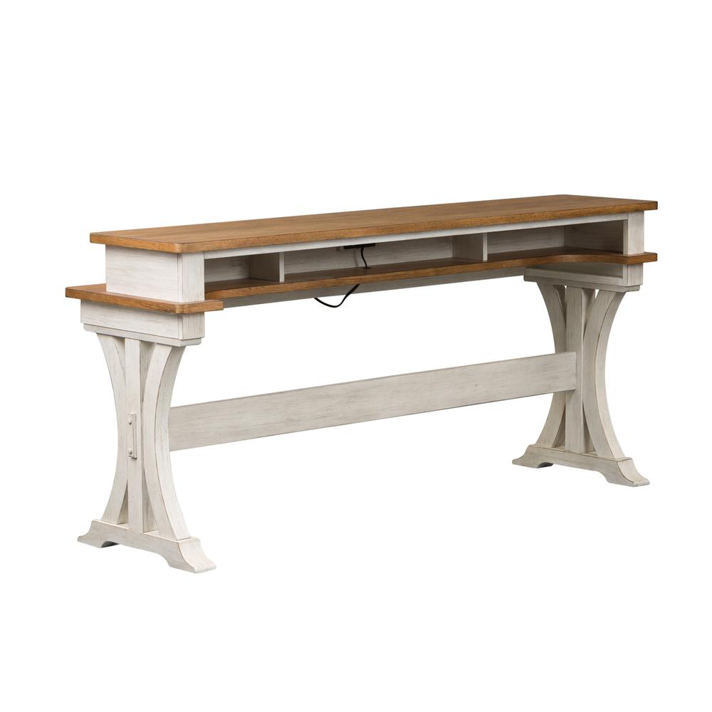 Farmhouse Reimagined Console Bar Table in Antique White w/ Chestnut Top. Picture 1