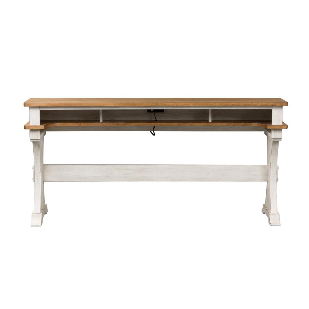Farmhouse Reimagined Console Bar Table in Antique White w/ Chestnut Top. Picture 3