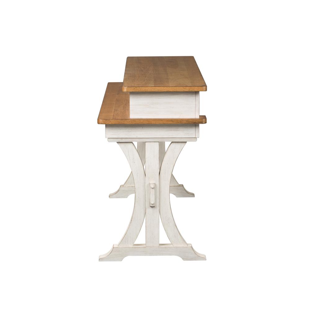 Farmhouse Reimagined Console Bar Table in Antique White w/ Chestnut Top. Picture 4