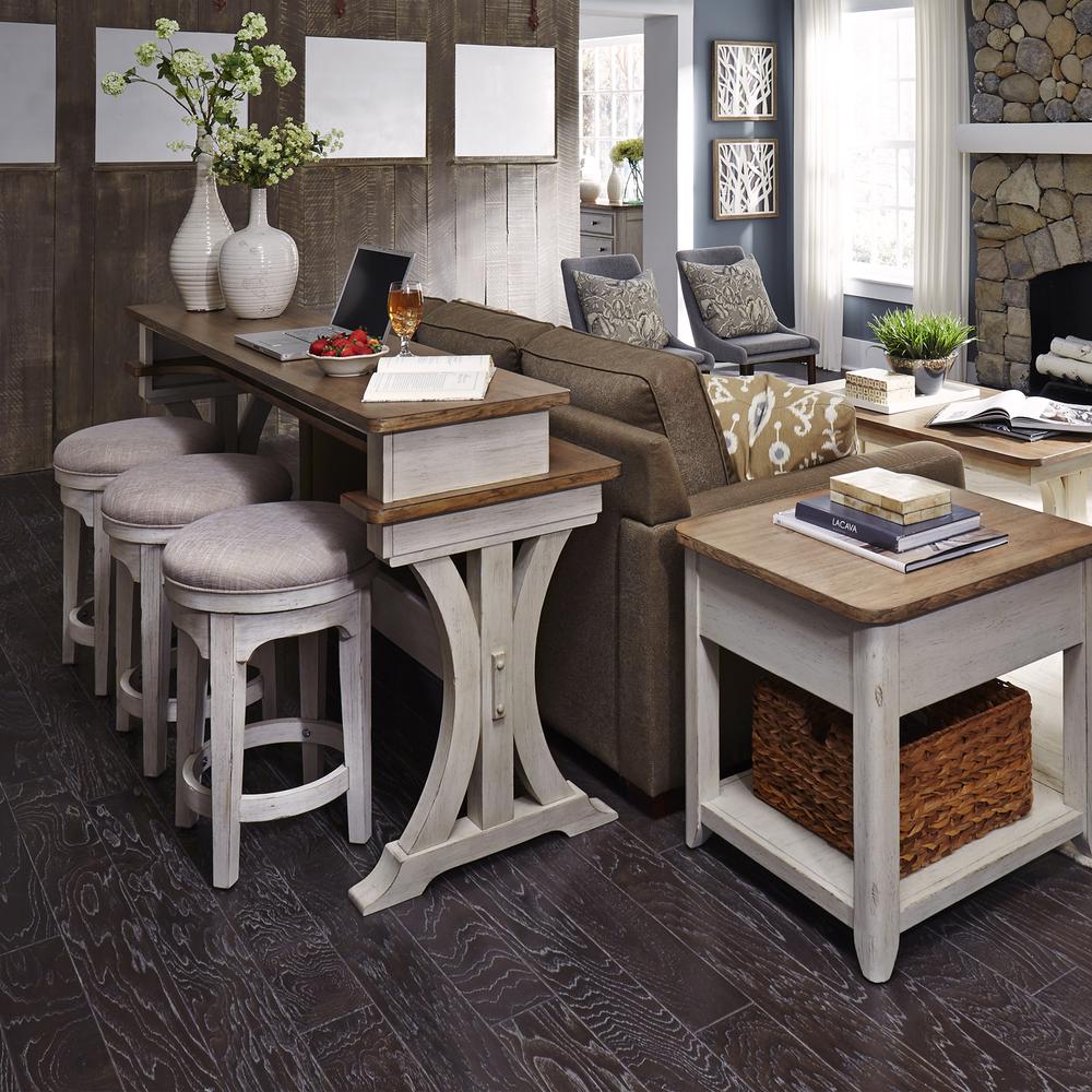 Farmhouse Reimagined Console Bar Table in Antique White w/ Chestnut Top. Picture 8