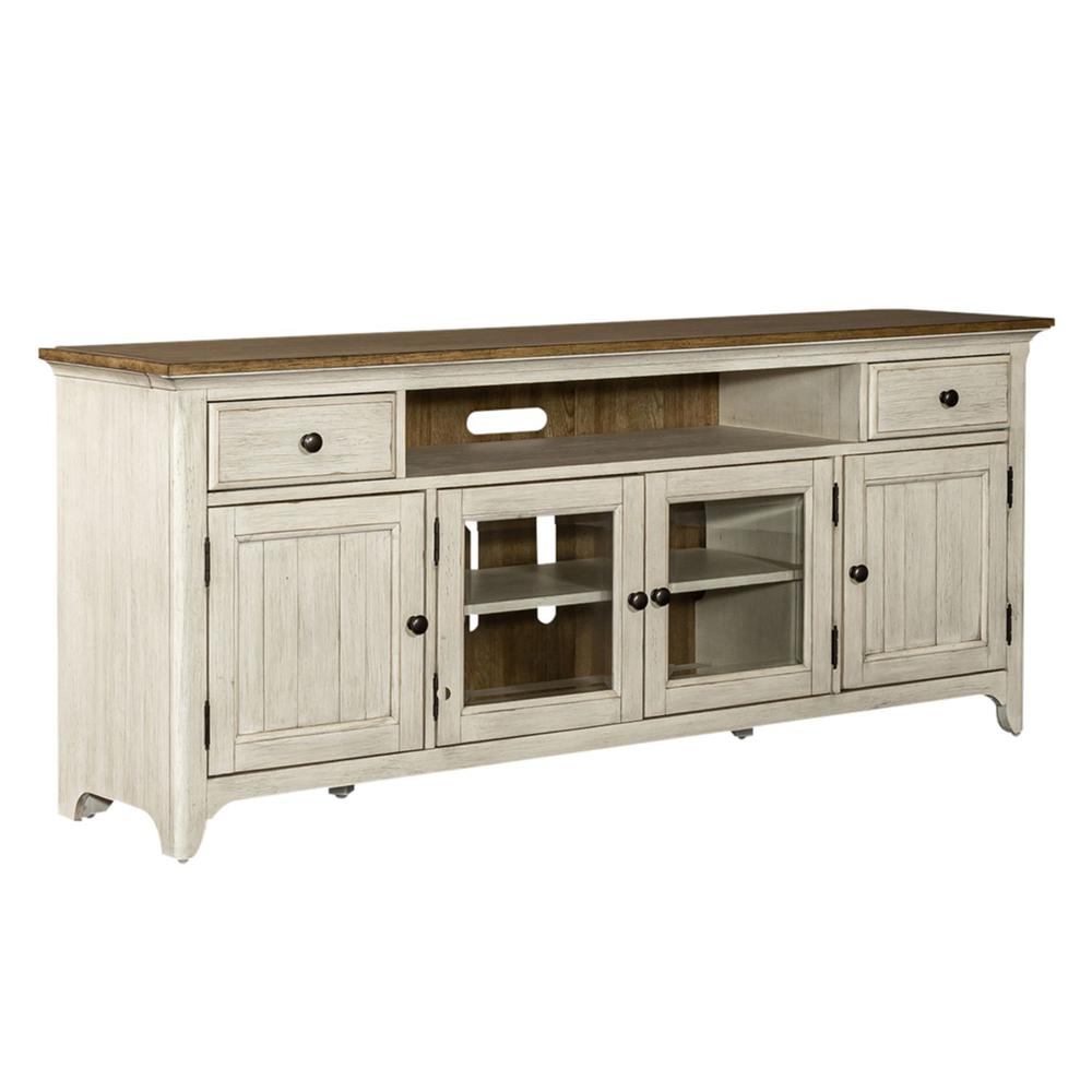 Farmhouse Reimagined Entertainment TV Stand in Antique White w/ Chestnut Top. Picture 1