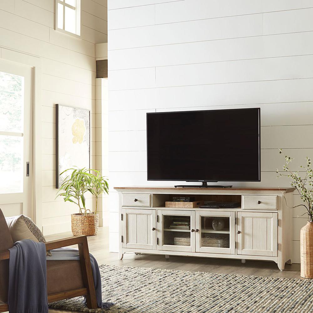 Farmhouse Reimagined Entertainment TV Stand in Antique White w/ Chestnut Top. Picture 2