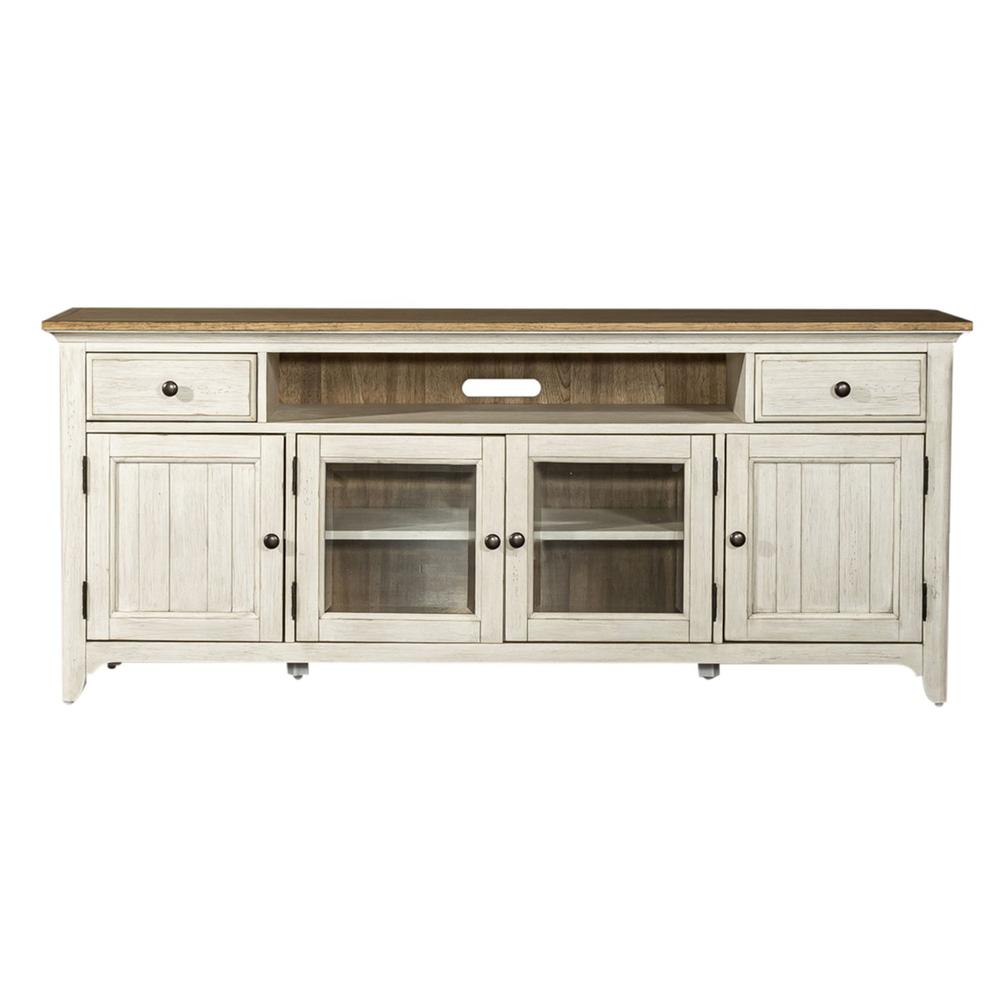 Farmhouse Reimagined Entertainment TV Stand in Antique White w/ Chestnut Top. Picture 10