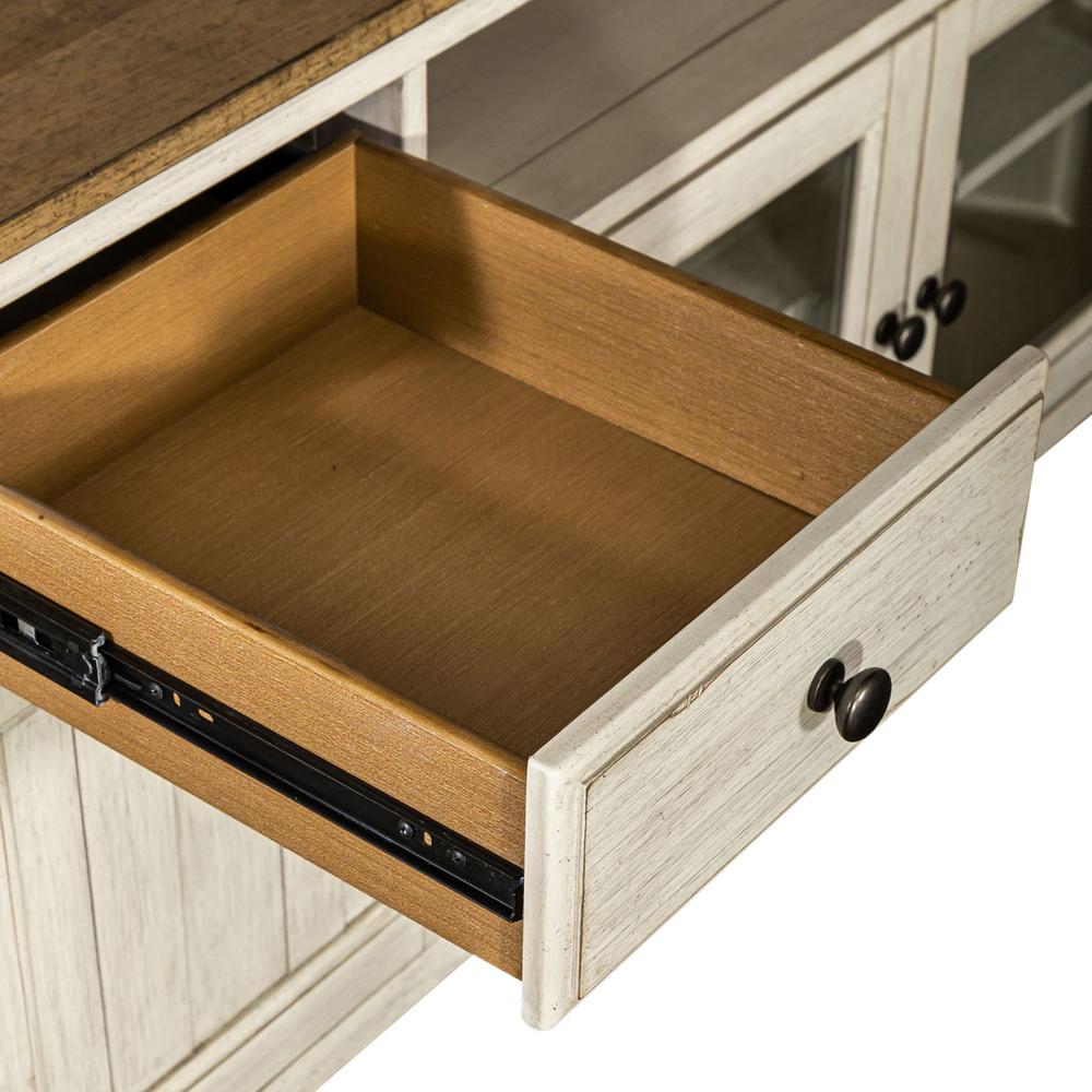 Farmhouse Reimagined Entertainment TV Stand in Antique White w/ Chestnut Top. Picture 8