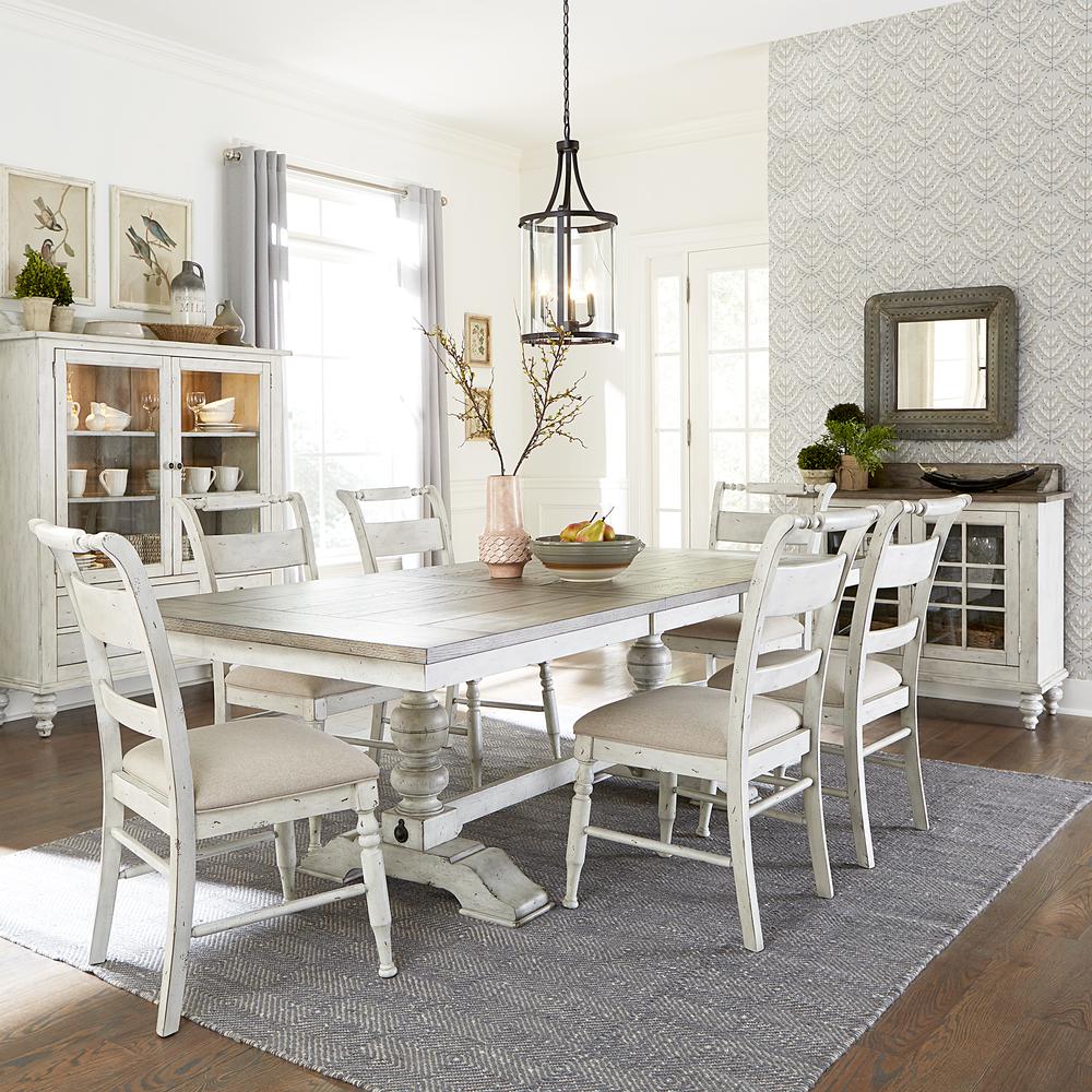 Whitney 7 Piece Trestle Table Set - Antique Linen w/ Weathered Gray. Picture 1