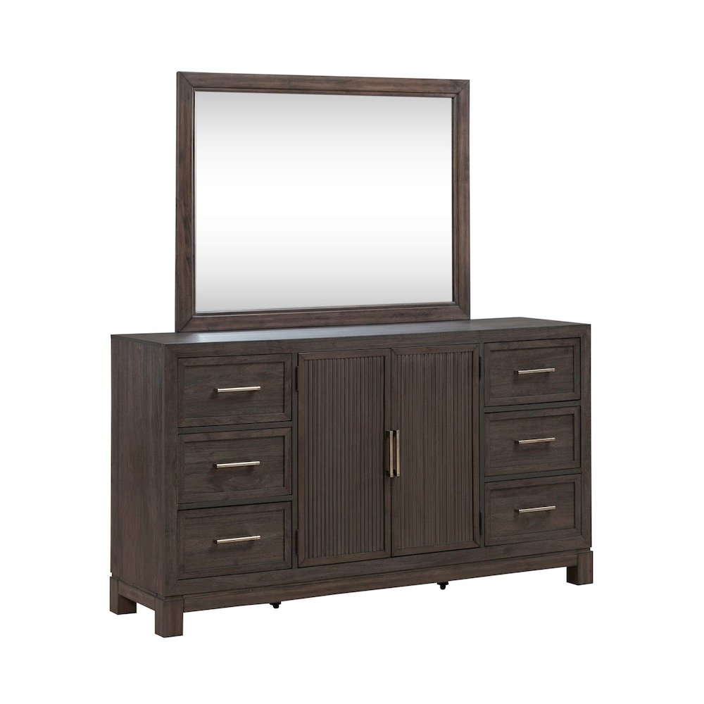 Modern Edge Queen Upholstered Bed, Dresser & Mirror, Chest Bedroom Set - Caffe. Picture 1