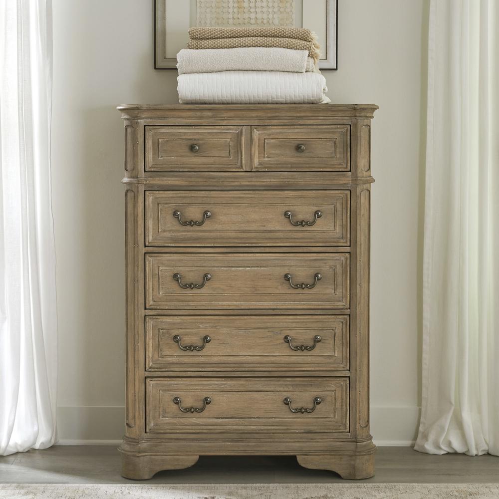 Magnolia Manor Queen Upholstered Bed, Dresser & Mirror - Weathered Bisque. Picture 4