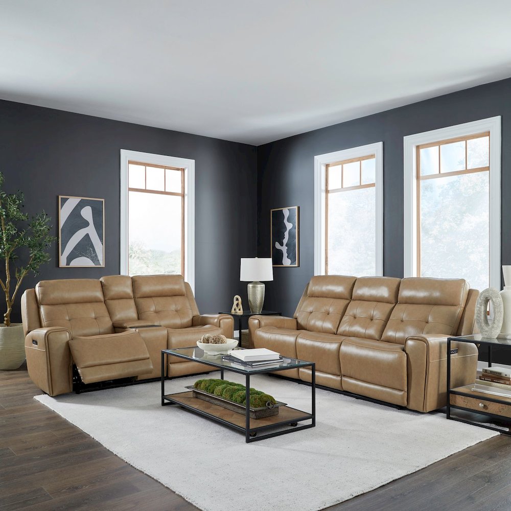 Carrington Power Recline Set with Sofa & Loveseat - York Sand Leather. Picture 1