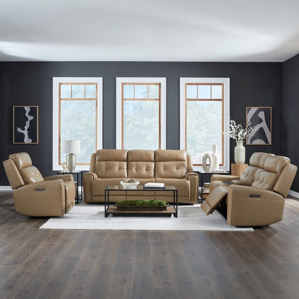Carrington Power Recline Set with Sofa, Loveseat & Recliner - York Sand Leather. Picture 1