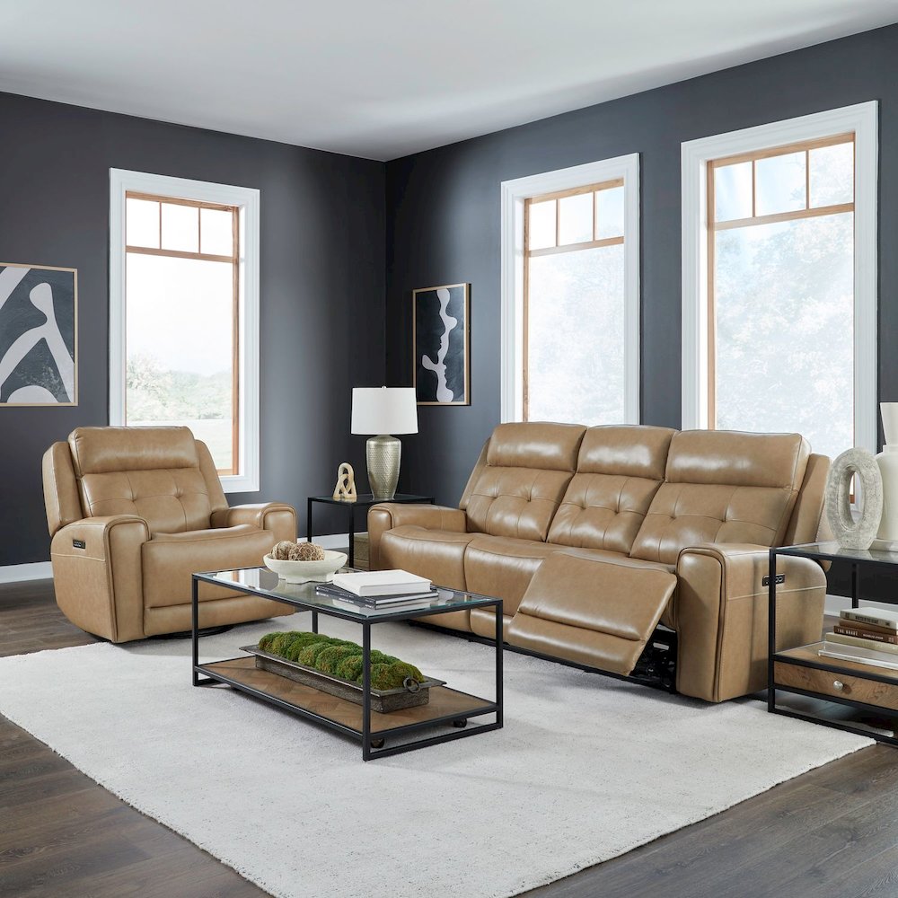 Carrington Power Recline Set with Sofa & Recliner - York Sand Leather. Picture 1