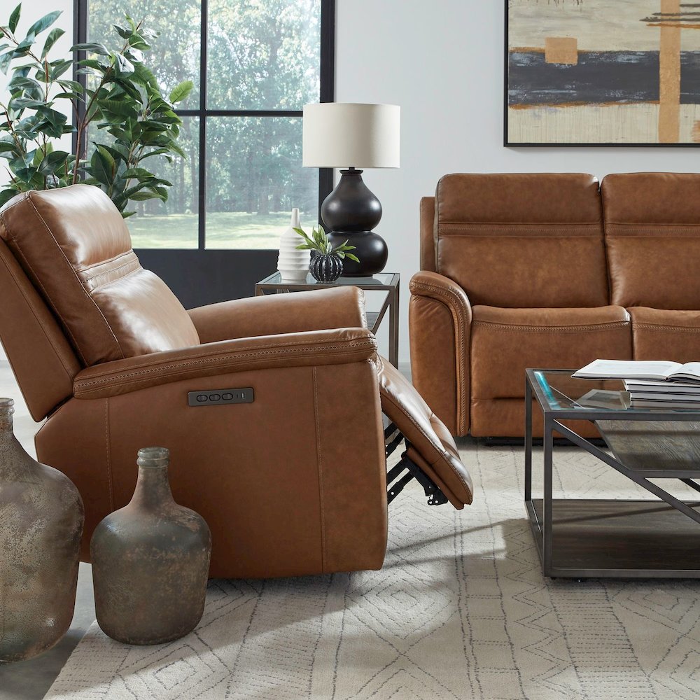 Cooper Swivel Glide Power Recliner, Power Headrest, Lumbar in Camel Leather. Picture 2