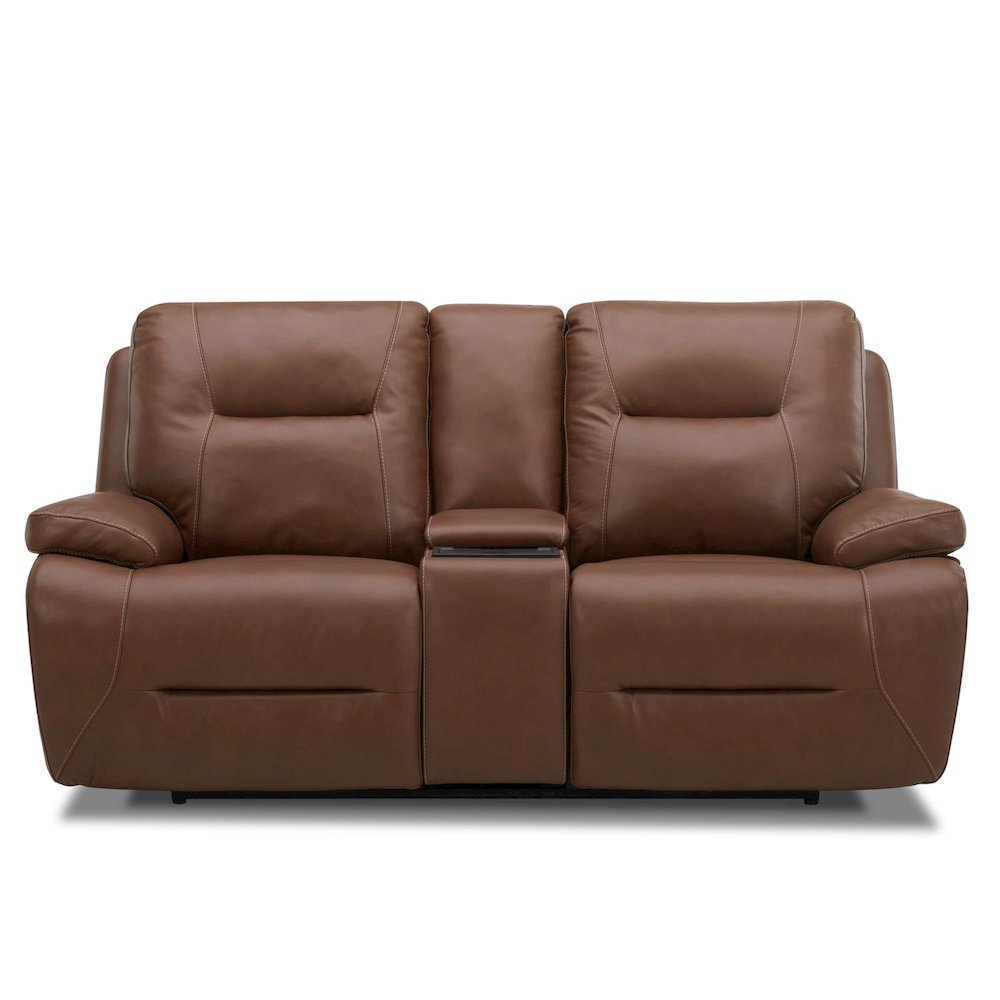 Power Recline Loveseat with Console, Charging Ports - Dakota Saddle Leather. Picture 2
