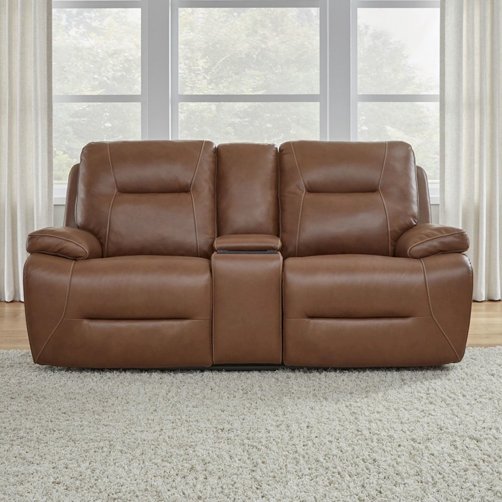 Power Recline Loveseat with Console, Charging Ports - Dakota Saddle Leather. Picture 9