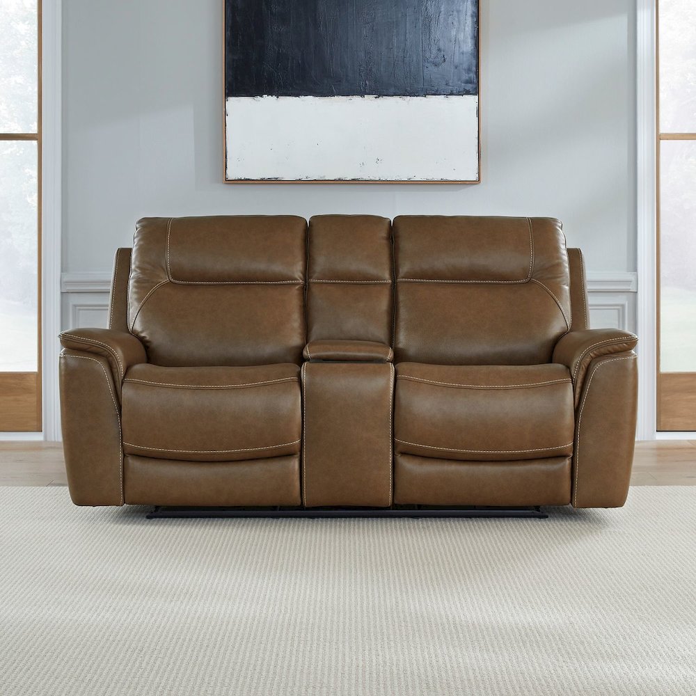 Collins Triple Power Reclining Loveseat with Console - York Chestnut Leather. Picture 4