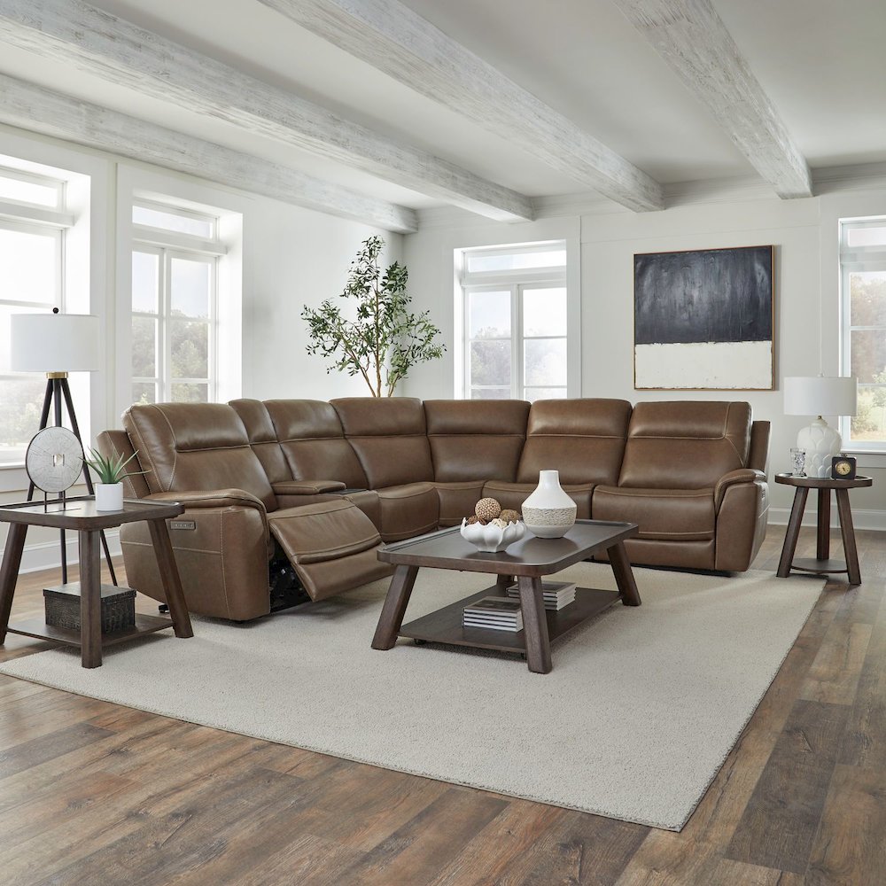Collins Power Reclining 6 Piece Sectional Sofa - York Chestnut Leather. Picture 3