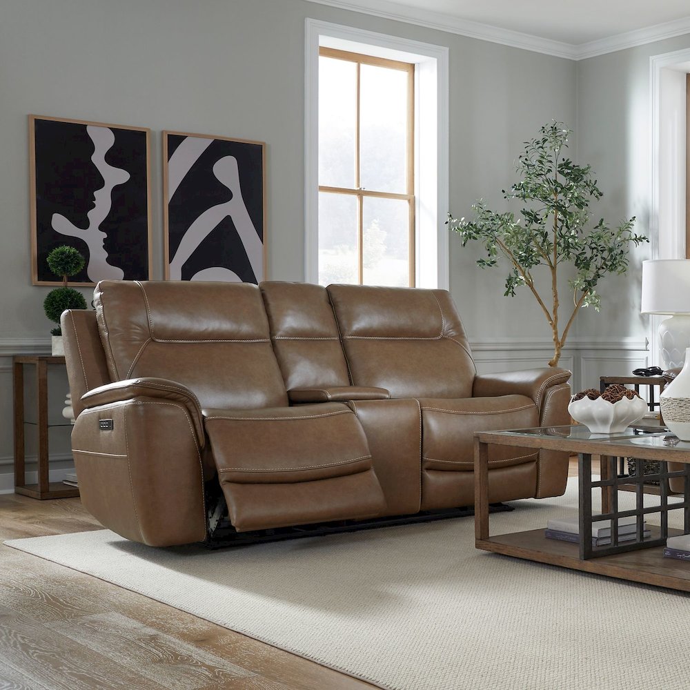 Collins Power Recline Set with Sofa & Loveseat - York Chestnut Leather. Picture 8