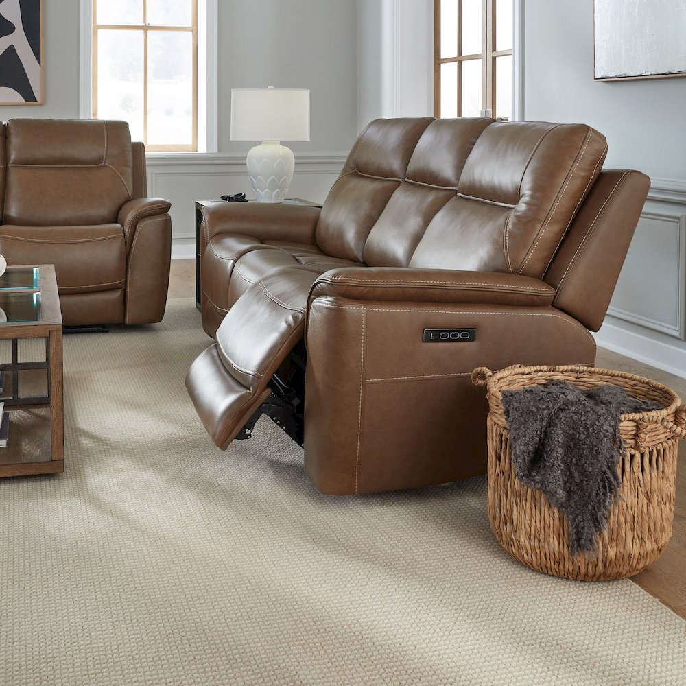 Collins Power Recline Set with Sofa & Loveseat - York Chestnut Leather. Picture 5