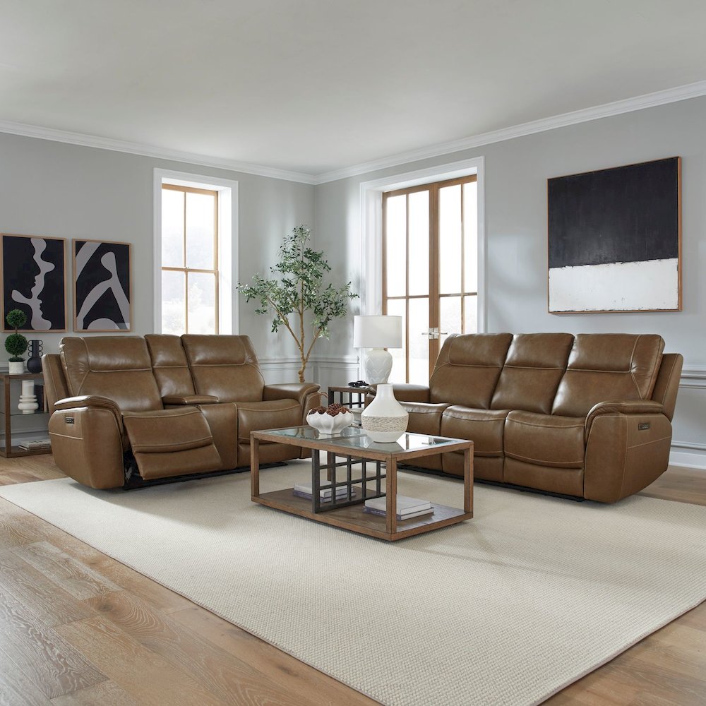 Collins Power Recline Set with Sofa & Loveseat - York Chestnut Leather. Picture 1