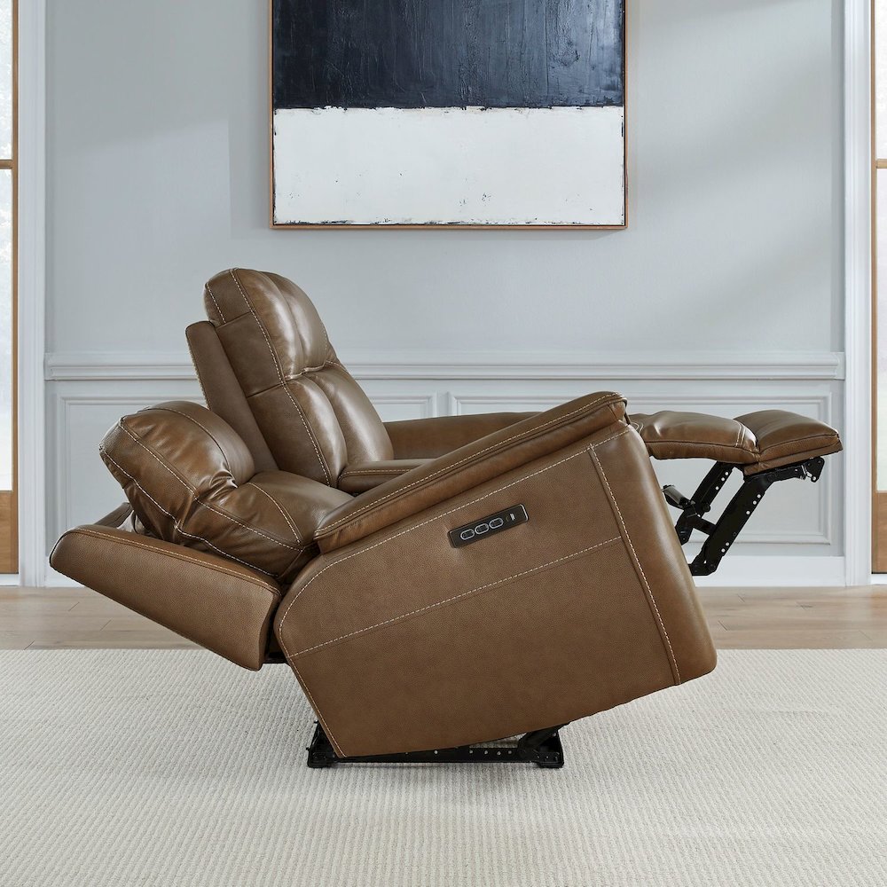 Collins Power Recline Set with Sofa, Loveseat & Recliner - York Chestnut Leather. Picture 7