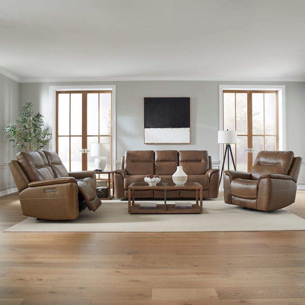 Collins Power Recline Set with Sofa, Loveseat & Recliner - York Chestnut Leather. Picture 1