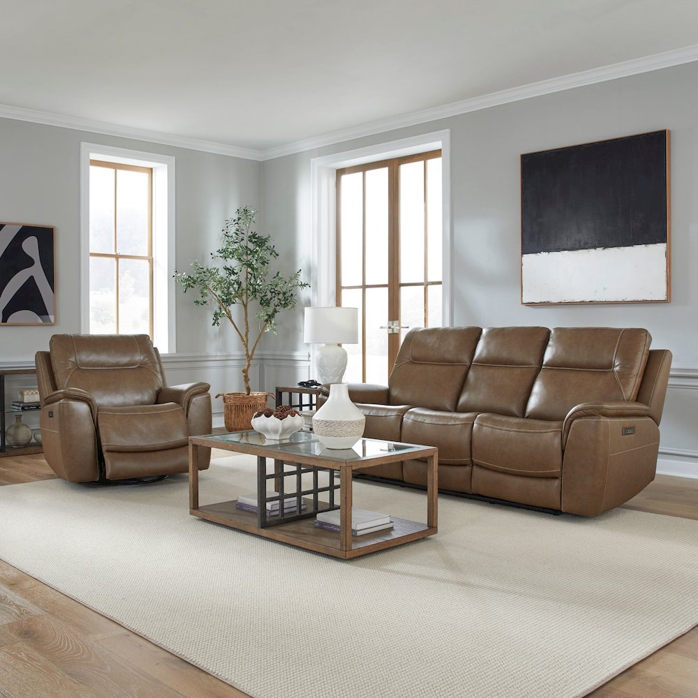 Collins Power Recline Set with Sofa & Recliner - York Chestnut Leather. Picture 1