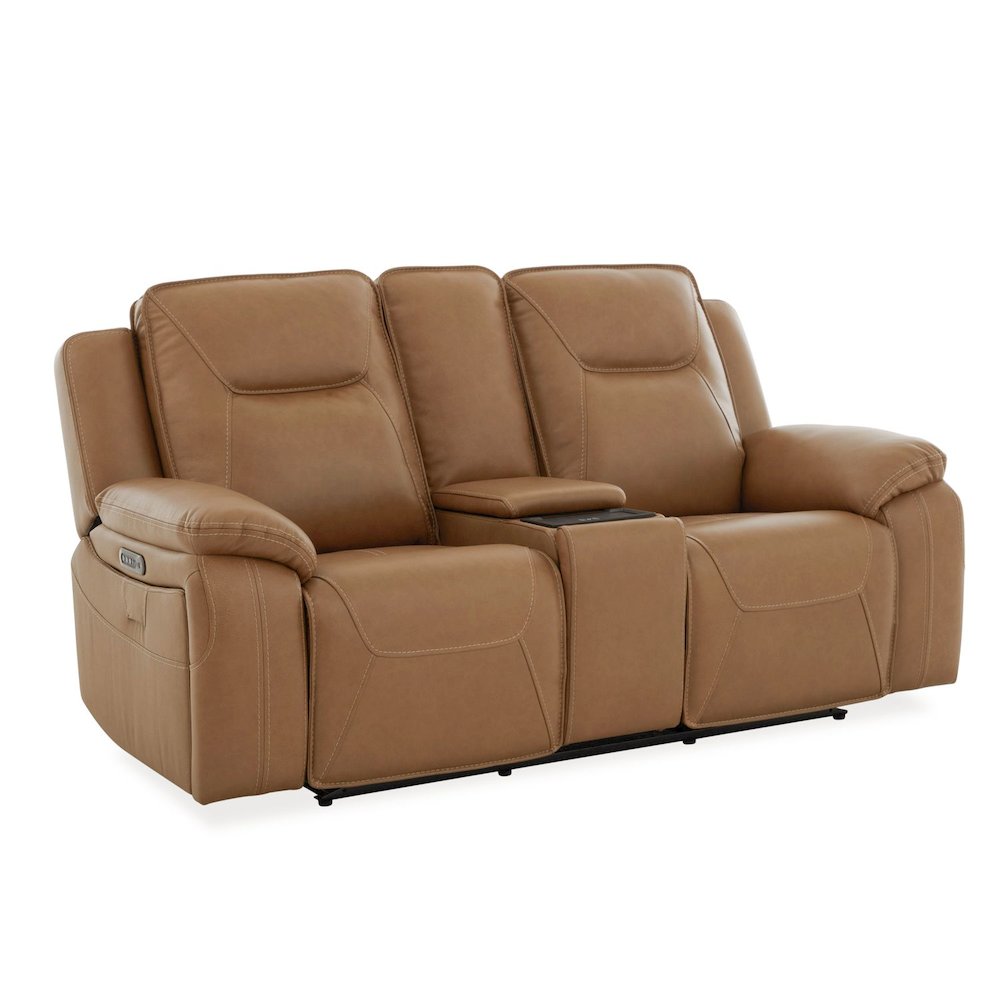 Power Recline Loveseat with Console, Charging Ports - York Butternut Leather. Picture 1