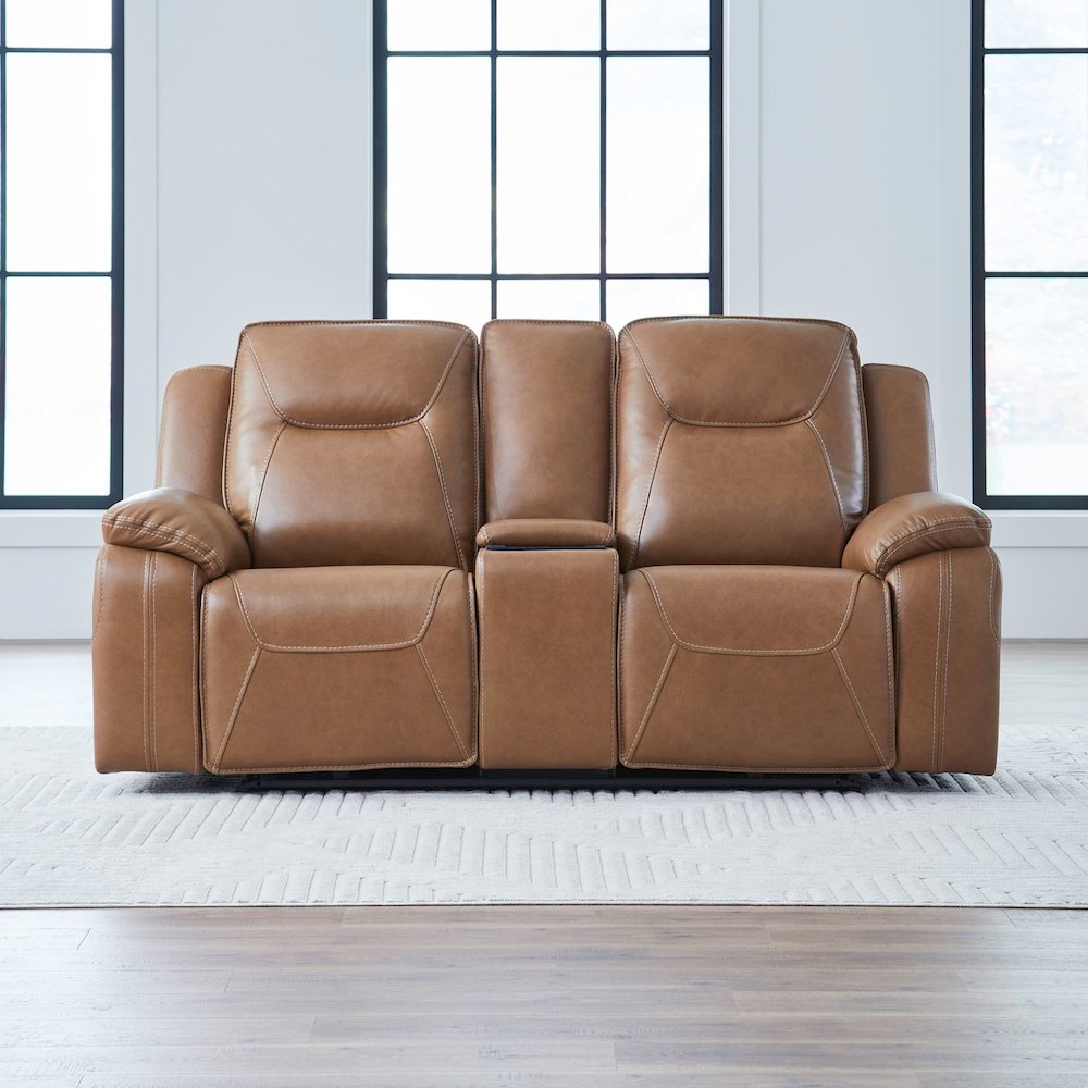 Power Recline Loveseat with Console, Charging Ports - York Butternut Leather. Picture 9