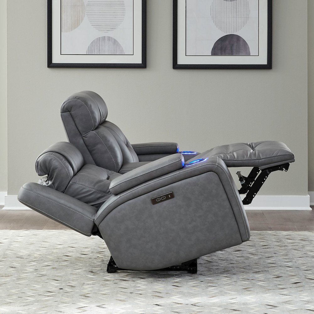 Power Recline Loveseat with Console, Charging Ports - Aline Blue Gray Leather. Picture 8