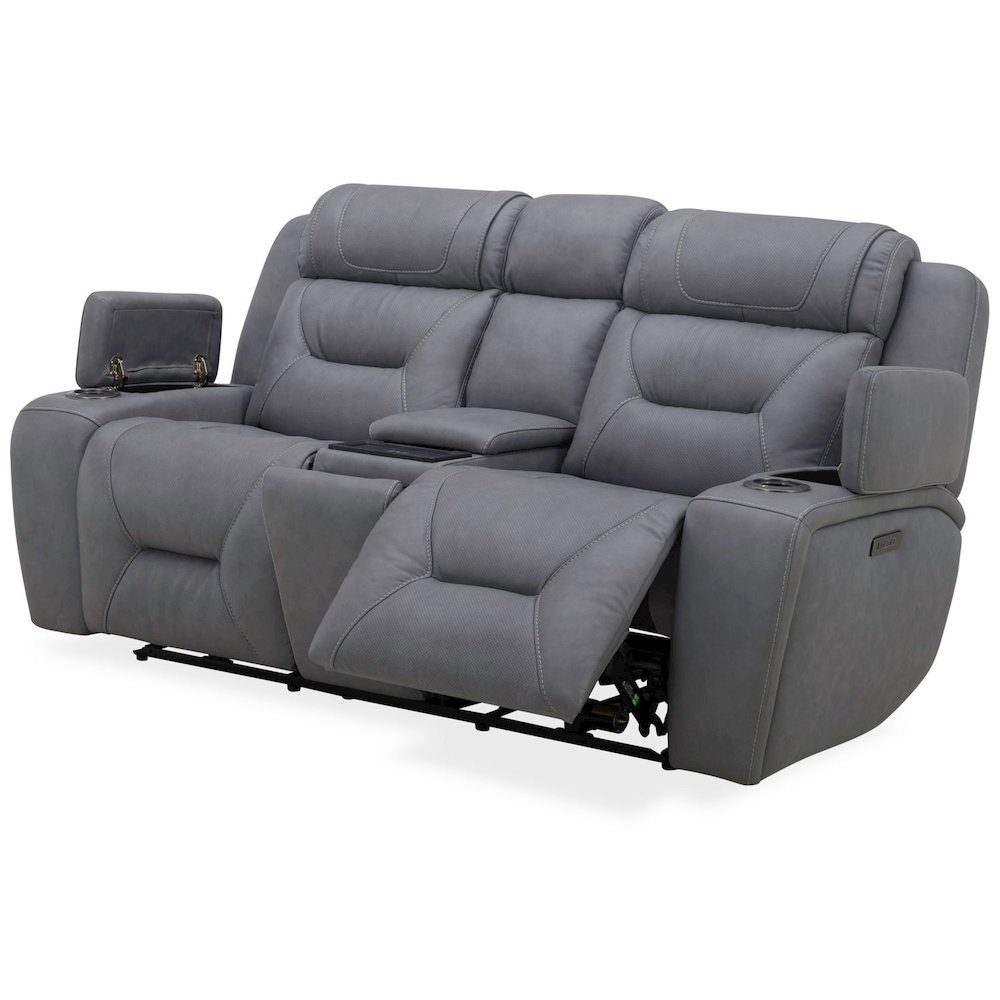 Power Recline Loveseat with Console, Charging Ports - Aline Blue Gray Leather. Picture 5