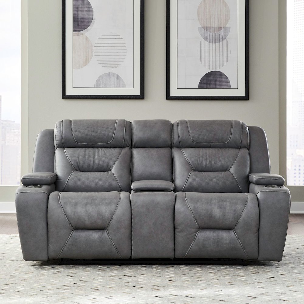 Power Recline Loveseat with Console, Charging Ports - Aline Blue Gray Leather. Picture 9