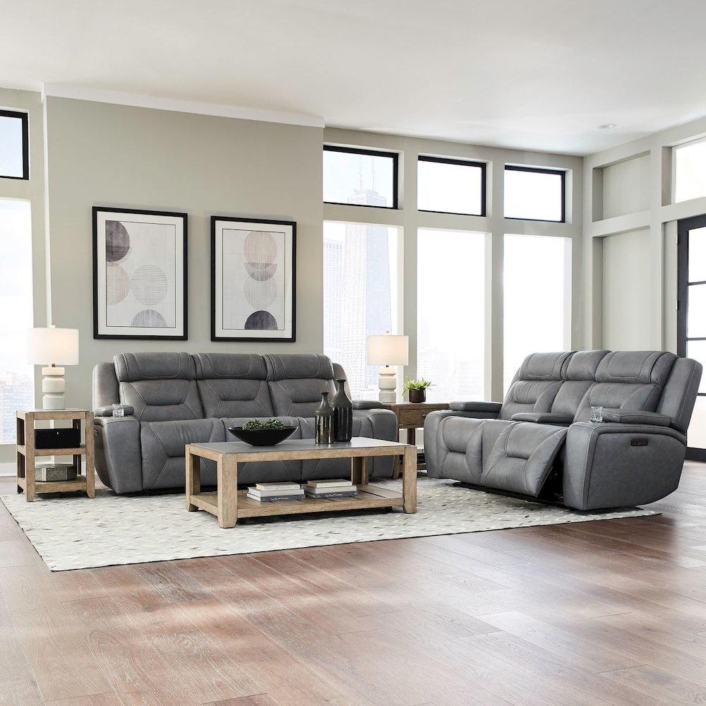 Power Recline Sofa & Loveseat with Charging Ports - Aline Blue Gray Leather. Picture 9