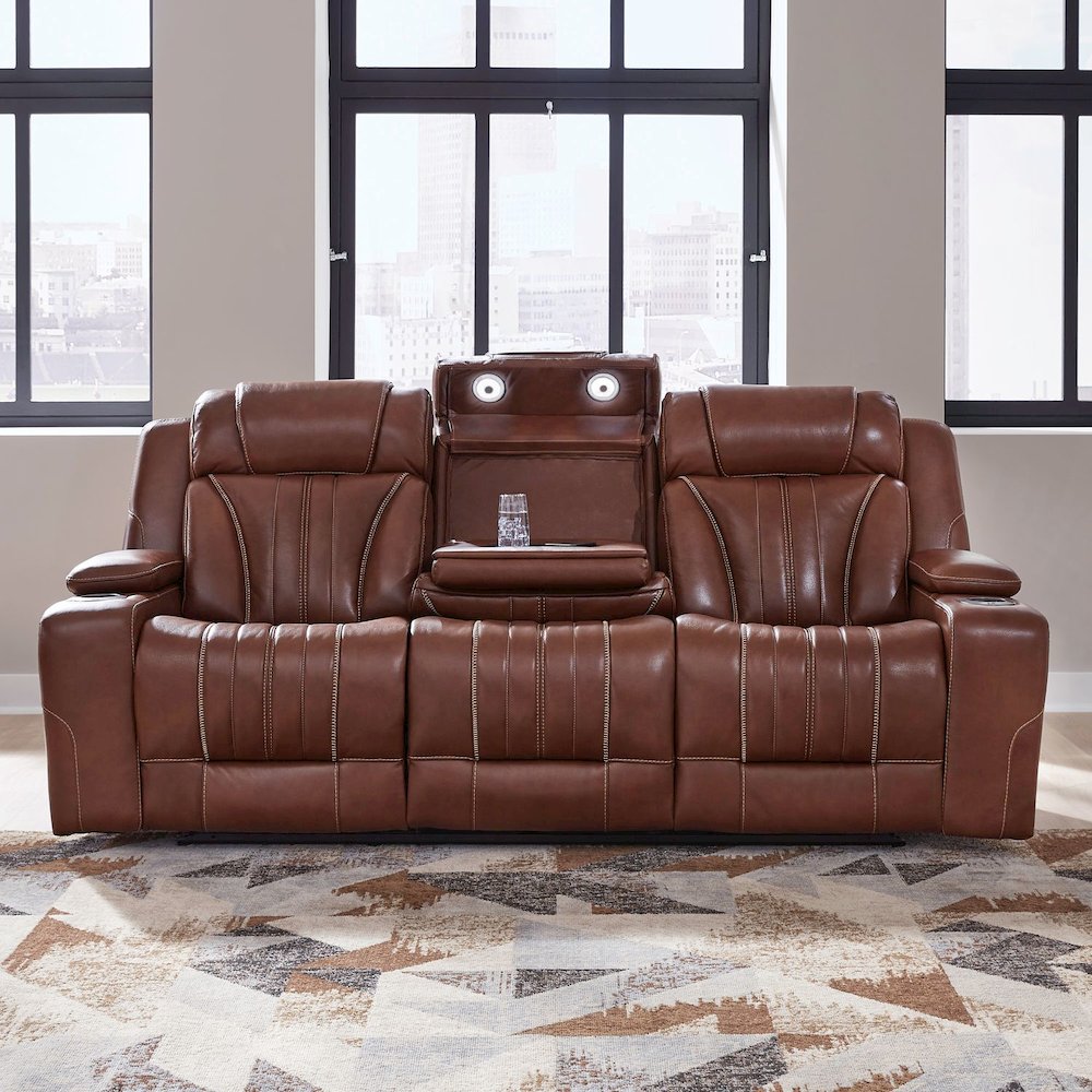Sofa with Console, Charging Ports - Nature Chestnut Leather. Picture 7