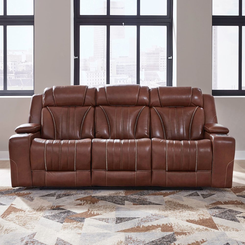 Sofa with Console, Charging Ports - Nature Chestnut Leather. Picture 9