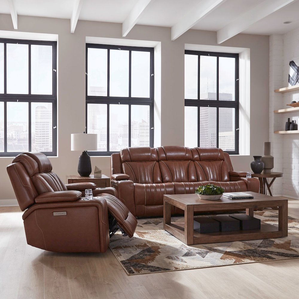 Power Recline Sofa & Recliner with Charging Ports - Nature Chestnut Leather. Picture 9
