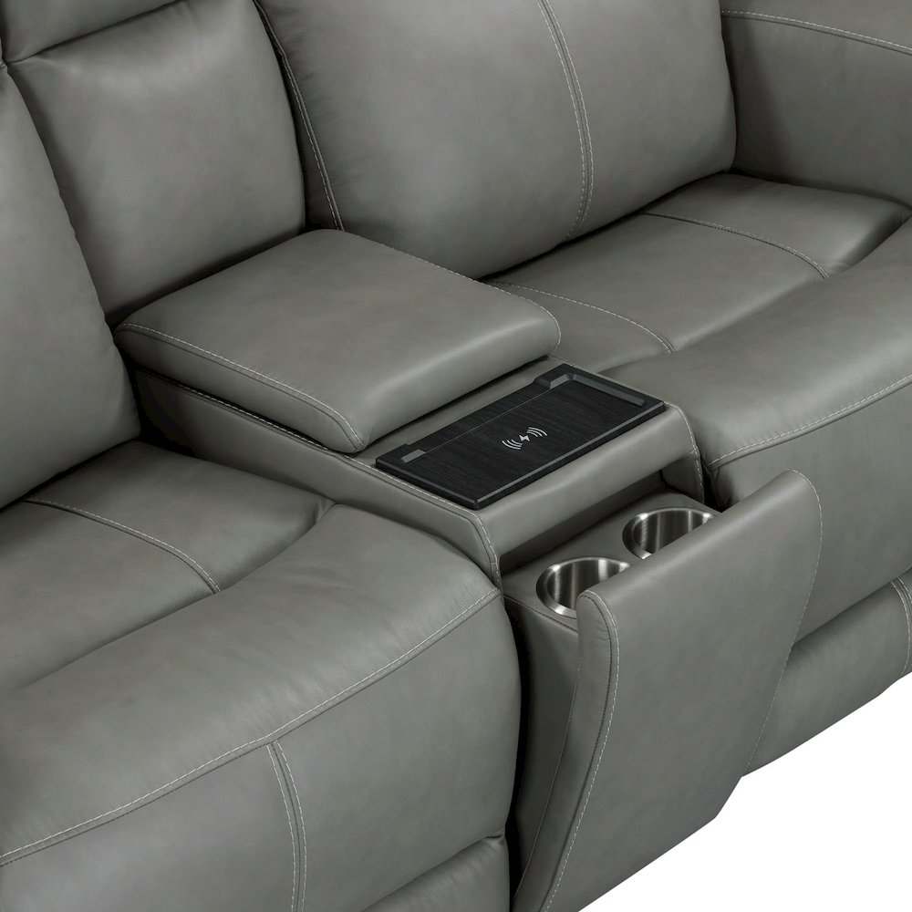 Camden Triple Power Reclining Loveseat with Console - Aline Light Gray Leather. Picture 9