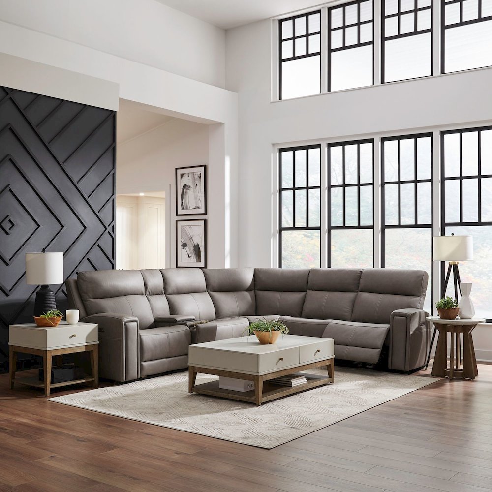 Camden Power Reclining 6 Piece Sectional Sofa - Aline Light Gray Leather. Picture 2