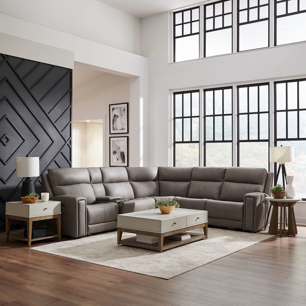 Camden Power Reclining 6 Piece Sectional Sofa - Aline Light Gray Leather. Picture 1