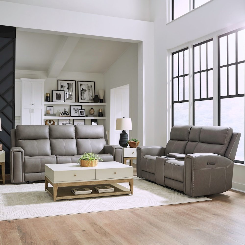 Camden Power Recline Set with Sofa & Loveseat - Aline Light Gray Leather. Picture 1