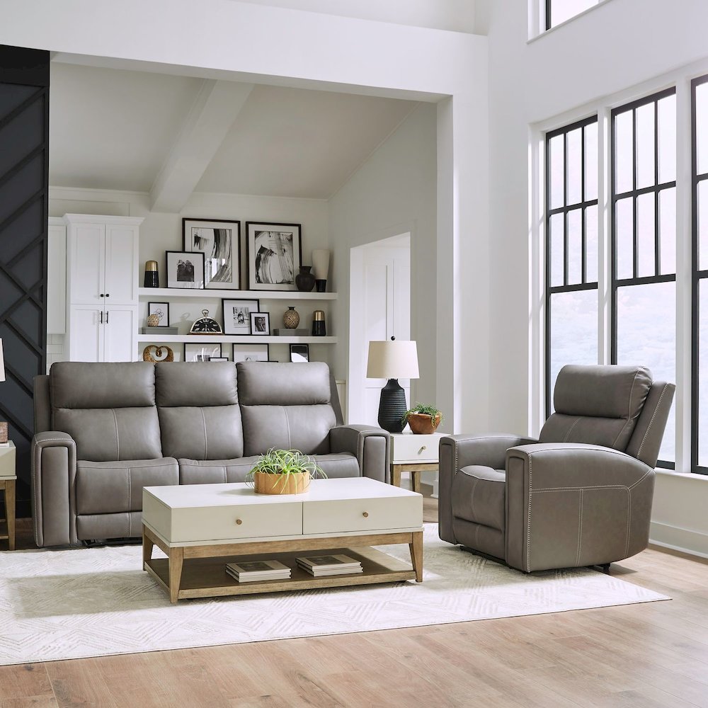Camden Power Recline Set with Sofa & Recliner - Aline Light Gray Leather. Picture 1
