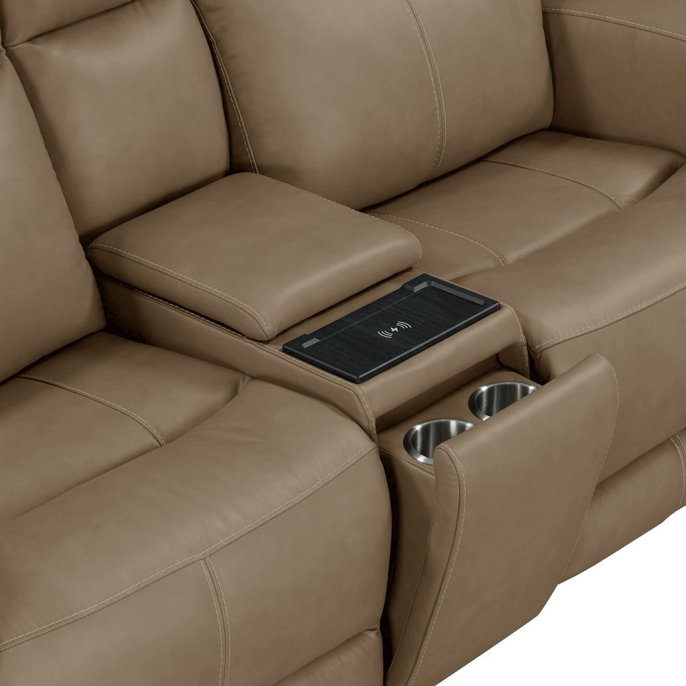 Camden Triple Power Reclining Loveseat with Console - Aline Toast Brown Leather. Picture 8