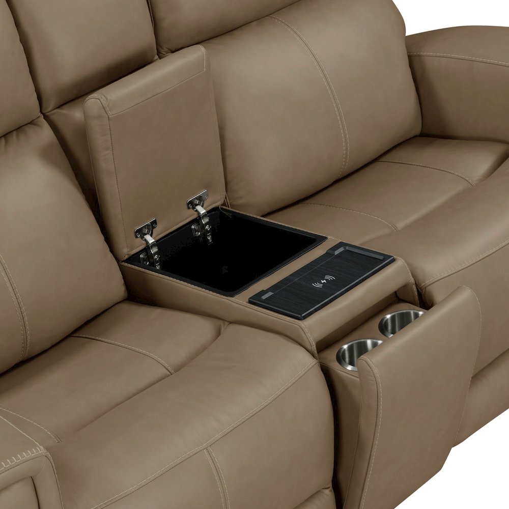 Camden Triple Power Reclining Loveseat with Console - Aline Toast Brown Leather. Picture 9