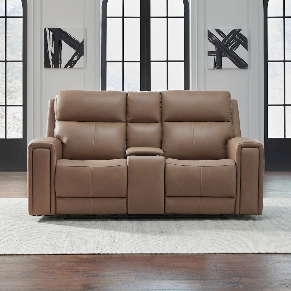 Camden Power Recline Set with Sofa & Loveseat - Aline Toast Brown Leather. Picture 3