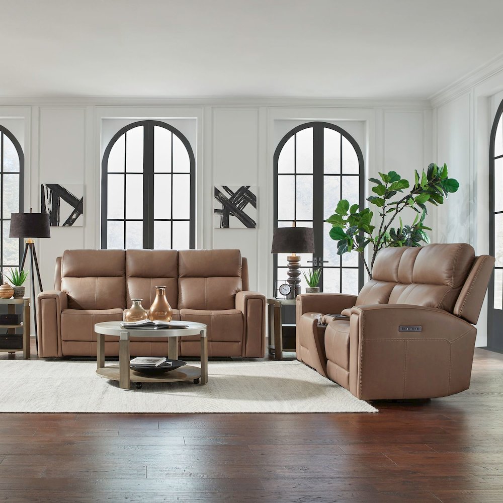 Camden Power Recline Set with Sofa & Loveseat - Aline Toast Brown Leather. Picture 1